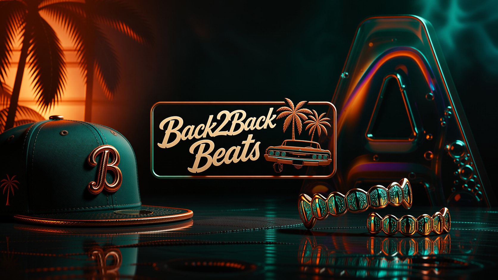 Back2Back Beats cap, gold grills and lowrider sign in warm orange and turquoise light