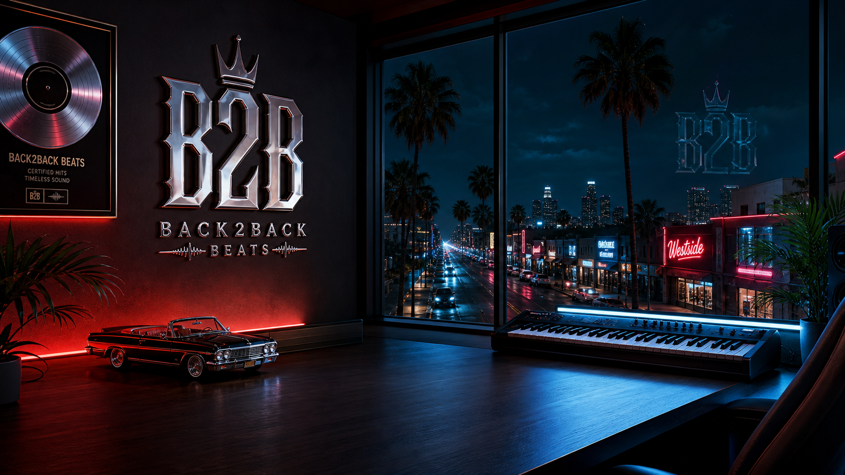 Back2Back Beats midnight studio workspace with a lowrider and Los Angeles skyline