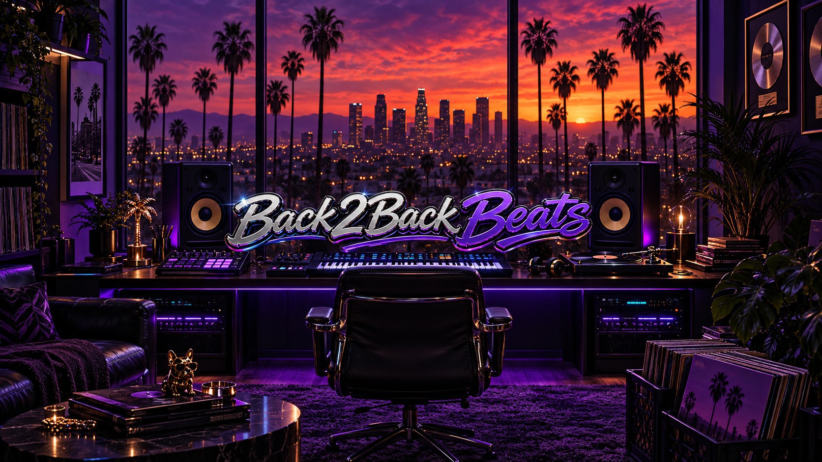 Back2Back Beats studio overlooking a palm-lined Los Angeles sunset